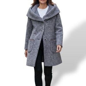 Cop. Copine Wool-blend Scarf-wrap Collar, Nubby textured Winter Coat, Black-Grey